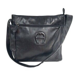 Aigner Black Leather Shoulder Bag With Embossed Logo & Adjustable Strap